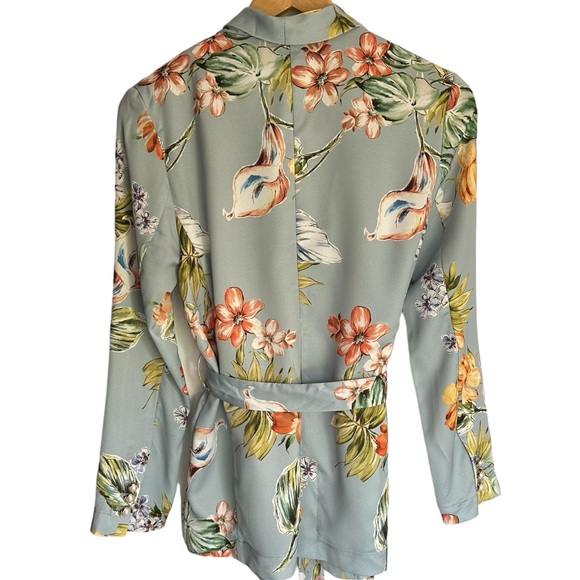 Zara Light Blue Floral Blazer Jacker with Lapel Collar & Belt Size Small - Picture 5 of 5